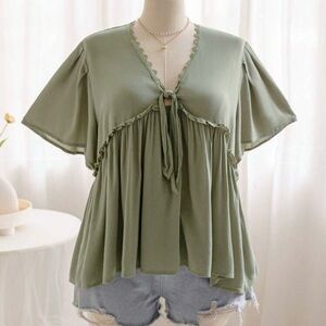 Women's Sage Green Tie-Front Flutter Sleeve Blouse